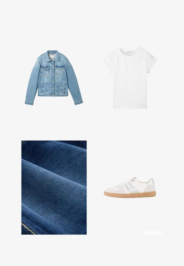 Helle blaue Jeansjacke mit langen Ärmeln, Knopfleiste, zwei Brusttaschen und klassischem Kragen. Hat eine leicht ausgebleichte Textur.; TOM TAILOR DENIM MIT ÄRMELDETAILS - T-Shirt basic - white; Dunkelblauer Denim-Stoff mit glatter Textur, sichtbarem Gewebe und subtiler Dehnung. Verfügt über schwache Nähte entlang der Kanten.; Weißer Sneaker mit niedrigem Schnitt, silbernen Streifen, weißen Schnürsenkeln und einer hellbraunen Gummisohle, von der Seite auf weißem Hintergrund dargestellt.