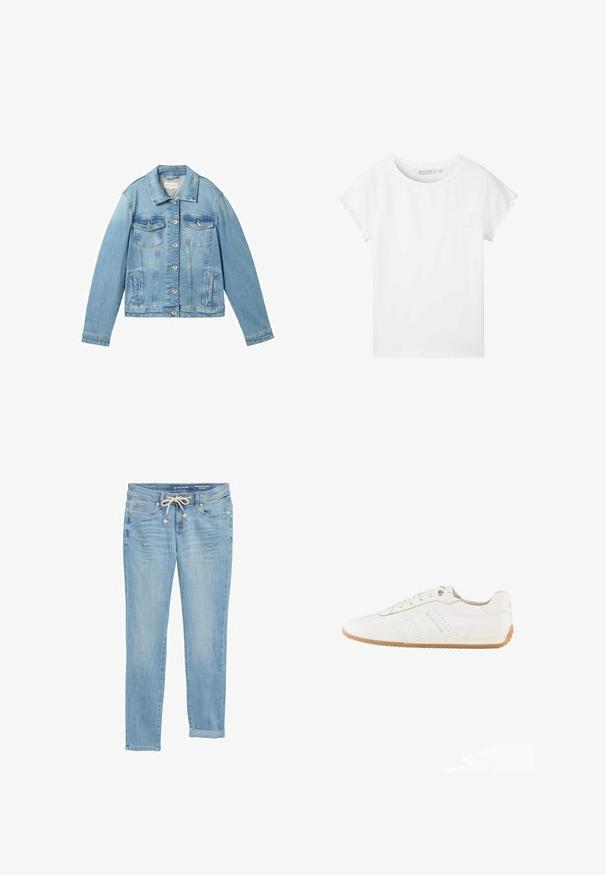 Veste en denim bleu clair avec des manches longues, fermeture à boutons, deux poches poitrine et un col classique. Présente une texture légèrement décolorée.; TOM TAILOR DENIM MIT ÄRMELDETAILS - T-shirt basique - white; Jeans en denim bleu clair à coupe droite, avec une taille élastique à cordon de serrage, des ourlets roulés et des poches avant. Conçus avec un léger décoloration.; Baskets basses blanches avec semelle en caoutchouc beige, lacets, détails perforés sur les côtés et logo "Tom Tailor" sur le côté.