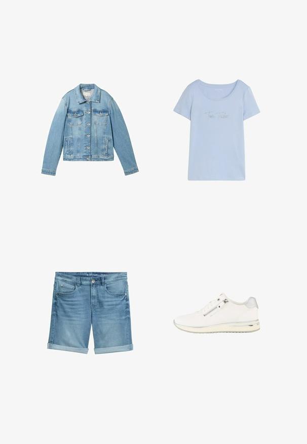 Lyseblå denimjakke med lange ærmer, knaplukning fortil, to brystlommer og en klassisk krave. Har en let falmet struktur.; Lyseblå T-shirt med korte ærmer, rund halsudskæring og lille sølvbesat tekst "Tom Tailor" på brystet.; Denimshorts i lyseblå med en falmet finish, udstyret med opsmøgede kanter, fem lomme-design og metalknaplukning i taljen.; Hvid low-top sneaker med lynlås i siden, snørebånd foran, tekstureret stof og sølvdetaljer på hælen og sålen.