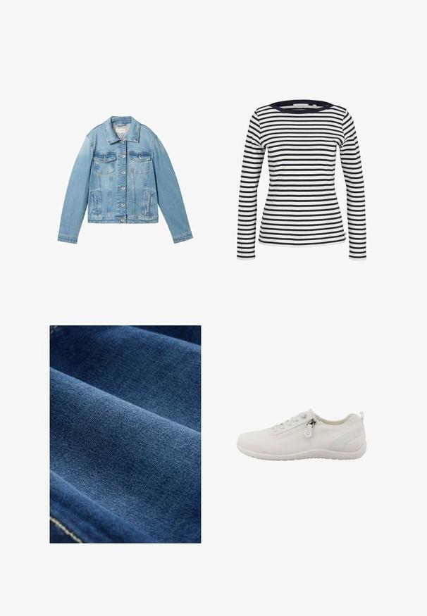 Lyseblå denimjakke med lange ærmer, knaplukning fortil, to brystlommer og en klassisk krave. Har en let falmet struktur.; TOM TAILOR DENIM Langærmet T-shirt - navy/white; Mørkeblå denim stof med en glat tekstur, synlig vævning og subtil stræk. Har svage syninger langs kanterne.; Hvid atletiksko lavet af åndbart mesh-materiale. Har lynlås, struktureret overdel og fleksibel gummisål.