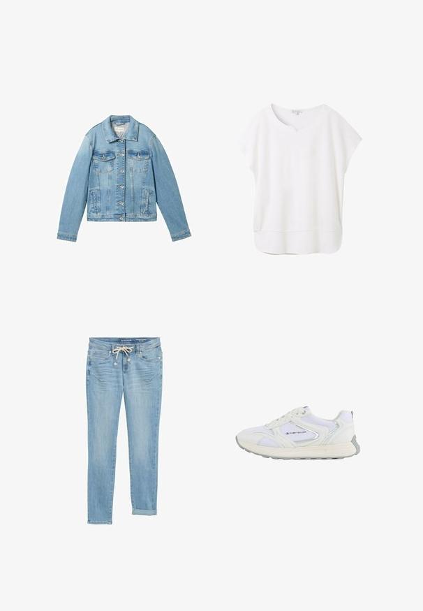 Lichtblauwe spijkerjack met lange mouwen, knoopsluiting aan de voorkant, twee borstzakken en een klassieke kraag. Kenmerkt zich door een iets vervaagde textuur.; Witte blouse met korte mouwen, gemaakt van zachte stof. Heeft een ronde halslijn met een kleine uitsparing en een licht gebogen zoom voor een ontspannen pasvorm.; Lichtblauwe denim jeans met een rechte pasvorm, elastische drawstring taille, opgerolde cuffs en front pockets. Ontworpen met subtiele vervagingen.; Witte sportschoen met een bovenwerk van mesh en synthetisch materiaal, voorzien van zilveren accenten en een gestructureerde rubberen zool, gelabeld "TOM TAILOR."