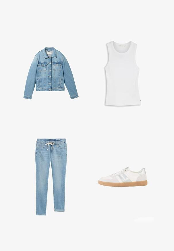Lyseblå denimjakke med lange ærmer, knaplukning fortil, to brystlommer og en klassisk krave. Har en let falmet struktur.; Hvid ærmeløs tanktop med rund halsudskæring, tætsiddende pasform og minimalistisk design, lagt fladt på en hvid baggrund.; Lys blå denim jeans med lige pasform, elastisk snøre i taljen, opretstående nederste kant og forlommer. Designet med diskret slid.; Hvid lavtop sneaker med sølvstriber, hvide snørebånd og en lys brun gummisål, vist fra siden på en hvid baggrund.