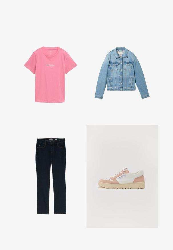Lyseblå denimjakke med lange ærmer, knaplukning fortil, to brystlommer og en klassisk krave. Har en let falmet struktur.; Lyserød T-shirt med korte ærmer lavet af blødt stof. Har rund halsudskæring og en hvid mærkelogo trykt på forsiden.; Mørkeblå lige ben jeans lavet af denim. Har fem lommer, kontrastfarvet orange syning og en linning med mærkets navn.; Hvide og lyserøde sneakers i glat læder og ruskind, rund tå, flad sål og tonale snørebånd. Har sidebranding-detalje.