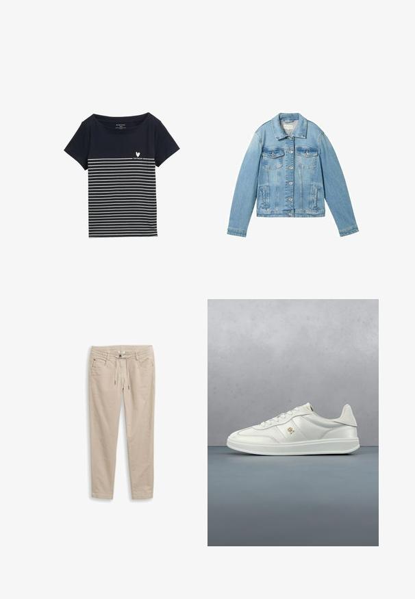 Helle blaue Jeansjacke mit langen Ärmeln, Knopfleiste, zwei Brusttaschen und klassischem Kragen. Hat eine leicht ausgebleichte Textur.; Dunkelblaues T-Shirt mit weißen horizontalen Streifen, rundem Ausschnitt, kurzen Ärmeln und einem kleinen Herz-Logo mit dem Text "TOM TAILOR" auf der Vorderseite.; Beige Baumwollhosen mit einem Kordelzugbund, zwei vorderen Taschen und schmal zulaufenden Beinen. Glatte Textur, flacher Bund mit einem kleinen Metallelement.; Weißer Sneaker aus glattem Leder, mit abgerundeter Spitze und flacher Gummisohle. Verfügt über dezente Nähte und ein kleines goldenes Logo-Akzent.
