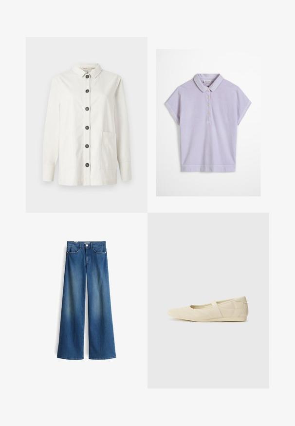 Witte katoenen jassen met knopen en een kraag, met een rechte snit, lange mouwen, twee voorzakken en zes zwarte knopen aan de voorkant.; Lichtpaarse poloshirt met korte mouwen, een kraag en vier witte knopen aan de voorkant, getoond op een witte achtergrond.; Wijde denimjeans in medium blauw met een gladde textuur. Bevat twee voorzakken en een klassieke knoopsluiting bij de taille.; Beige ballerina's met een gladde leren buitenkant, amandelvormige punt en elastische band over de wreef, met subtiele stiksels.