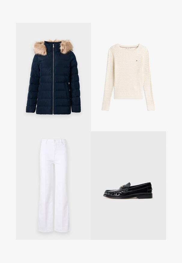 Marineblå dunjakke med lynlås foran, der har en aftagelig imiteret pelskant på hætten, elastiske manchetter og to sidelommer.; Flødefarvet kabelstrikket sweater med lange ærmer, rund hals og lille Tommy Hilfiger-logo på brystet.; Hvide flared jeans lavet af denim, med høj talje, forlommer og knaplukning. Glat tekstur og rene linjer.; Sorte læder loafers med rund tå, dekorativ sying og en lille gul accent på vampen. Flad gummisål, slankt design.
