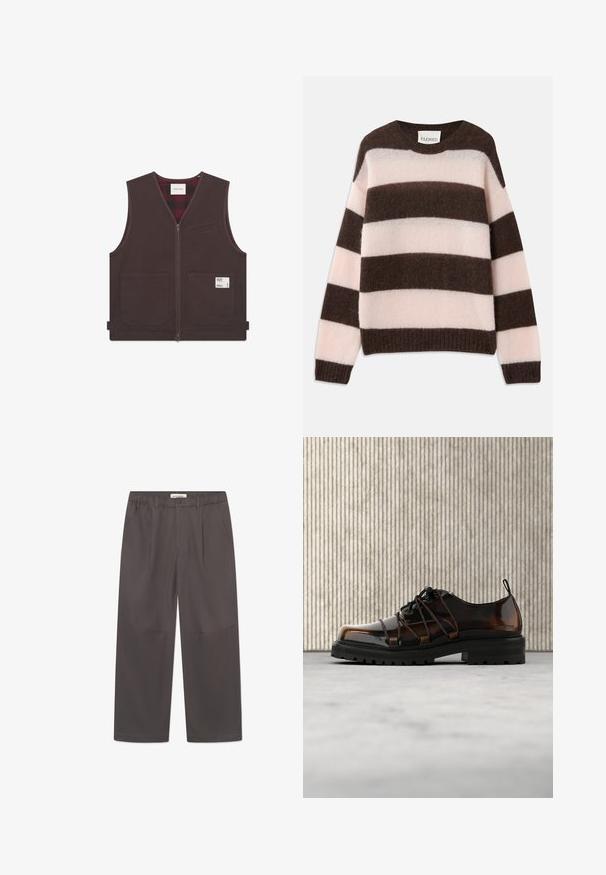 Pruun puuvillane vest, millel on esiküljel lukuga sulgur, kaks suurt esikotti ja väike rinnaehe. Sisevooder on punane ja must ruuduline.; CLOSED STRIPE CREW NECK JUMPER - Džemper - espresso brown; Hallid hallid laiad püksid sujuvast kangast, millel on nööbi sulgemine ja kaks külge taskut. Lihtne, puhas disain ilma nähtavate mustriteta.; Läikiv pruun nahast king paksu musta tallaga ja unikaalse paelumisega, asetatud beežile vaibale ümara oranži mööbli lähedal.