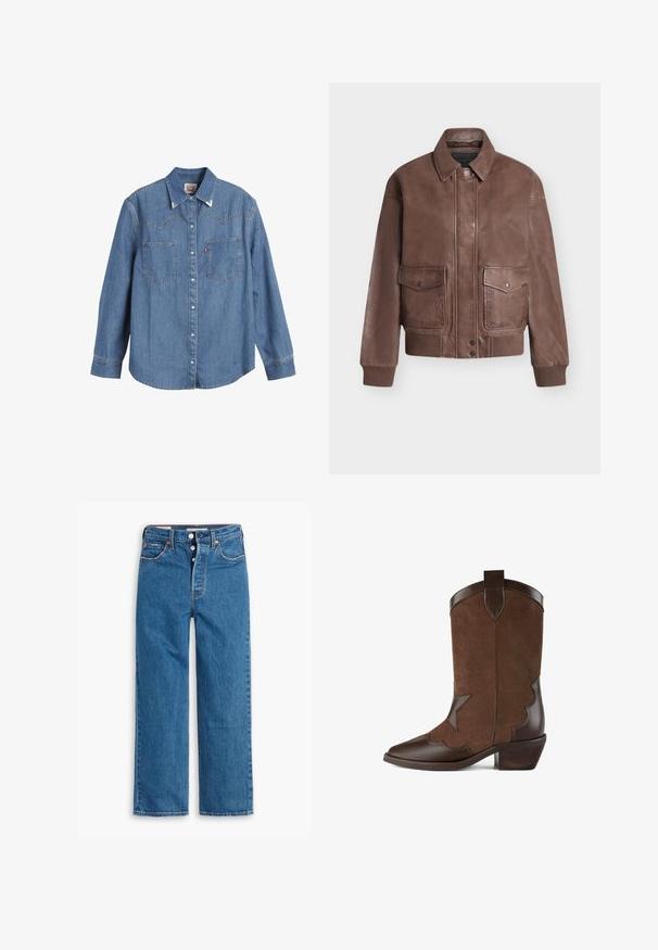 Braune Leder-Fliegerjacke mit Knopfverschluss vorne, zwei Klappentaschen, gerippten Bündchen und Bund auf neutralem Hintergrund.; Hellblaues Denim-Hemd mit langen Ärmeln, spitzem Kragen, zwei Brusttaschen und kontrastierenden Nähten. Verfügt über ein Design mit Westernstil-Yoke.; Blaue Denim-Jeans mit geradem Bein, hoher Taille, fünf Taschen und Knopfverschluss. Auffällige Nähte und Nieten in Kupferfarbe.; Braune Cowboy-Stiefel aus einer Kombination von glattem Leder und Veloursleder, mit spitzem Zeh, gewelltem Design und gestapeltem Absatz.
