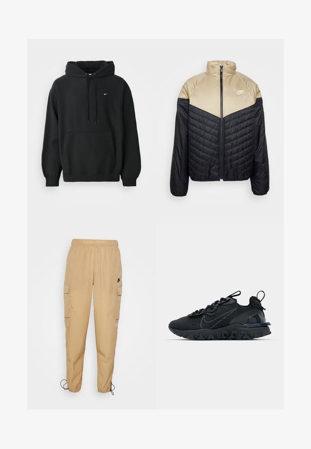 Nike Sportswear M NK WR MIDWEIGHT PUFFER - Vinterjakker - black/khaki/sail; Sort Nike hoodie med frontlomme, snor i hætten, ribbede manchetter og lille hvid Nike swoosh-logo på brystet.; Nike Sportswear Cargobukser - hemp/black; Sort atletisk sko med en åndbar mesh-overdel, teksturerede detaljer og en bølget gummisål. Har reflekterende logo og snørresystem.
