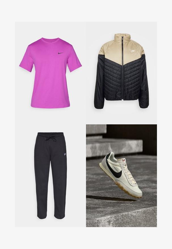 Nike Sportswear M NK WR MIDWEIGHT PUFFER - Vinterjakker - black/khaki/sail; Lilla kortærmet T-shirt lavet af et glat stof, med et sort Nike-logo på venstre brystområde. Klassisk rund hals.; Sorte sweatpants lavet af blødt stof med elastisk talje, snøre og et lille Nike-logo på venstre lår.; Hvid og sort Nike-sneaker med gummisål hængende over betontrapper, oplyst af naturligt sollys.