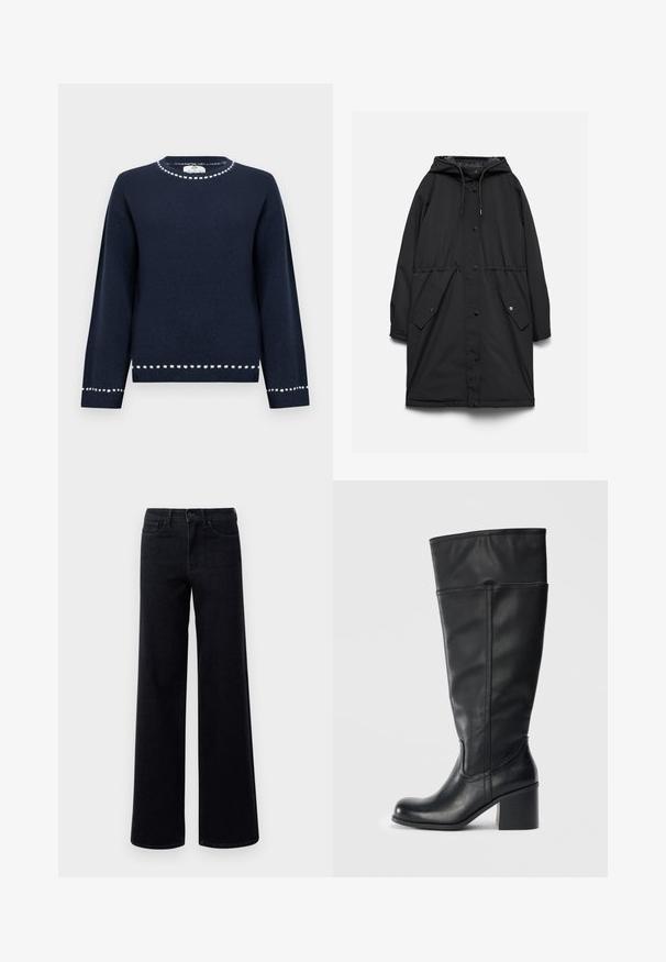 Parka longue noire à capuche avec fermeture boutonnée devant, capuche à cordon de serrage et poches à rabat avec boutons-pression.; Pull bleu marine en tissu doux avec un col rond, présentant des détails blancs le long du col et de l'ourlet, et des manches longues.; Jean en denim noir à jambes larges avec une taille haute, doté de poches standard et d'une fermeture à bouton. Texture lisse avec un léger, stretch.; Bottes en cuir noir jusqu'au genou avec un talon carré, texture lisse et détails de couture sur les côtés. Design simple et moderne.
