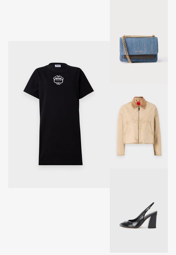 Beige cropped Jacke mit einem Cordkragen, Reißverschluss vorne und zwei großen Taschen; hat eine glatte Textur und einen fransigen Saum.; Schwarzes Baumwoll-T-Shirt-Kleid mit kurzen Ärmeln. Verfügt über ein weiß gesticktes Logo "Moschino Jeans Hotel" auf der Brust. Schlichtes und geradliniges Design.; Schwarze Leder-Pump mit Slingback und abgerundetem Zeh, Brogue-Details und glanzendem Finish. Verfügt über einen klobigen Blockabsatz und einen seitlichen Schnallenverschluss.; Blaue Jeans-Crossbody-Tasche mit goldener Kettenriemen und kleinem dunkelbraunem Lederakzent auf der vorderen Klappe.