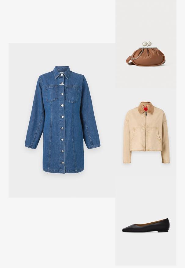 Beige cropped jack met een corduroy kraag, een rits aan de voorkant en twee grote zakken; heeft een soepele textuur en een rafelige zoom.; CLOSED FITTED DRESS - Spijkerjurk - mid blue; Zwarte leren puntschoen met lage hak en gladde afwerking, zijaanzicht op een lichtgrijze achtergrond.; Bruine leren clutch met een zilveren balsluiting en een klein zilveren kettingdetail op een witte achtergrond.