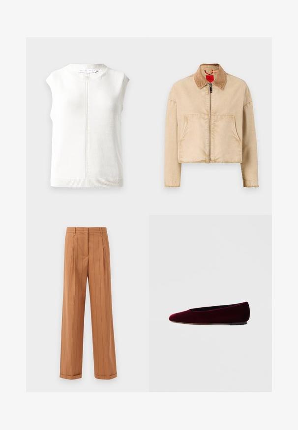 Beige kort jakke med en kordfløjlskrave, frontlynlås og to store lommer; har en glat tekstur og frynsede kanter.; Hvid ærmeløs striktop med rund halsudskæring, ribbet kant og struktureret materiale. Har en central sømdetalje, der løber vertikalt.; Brune stribede bukser med skræddersyet design, der har plisseeffekter, lige snit og en opfoldet kant. Fremstillet af et glat stof.; Bourgognefarvede balletflade sko i fløjl med rundet tå og lav hæl, med en glat tekstur og elegant design.