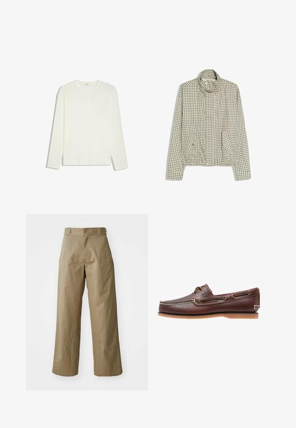 Beige jas met blauw-zwart ruitpatroon, hoge kraag met drukknoopsluiting, voorzakken met kleppen en elastische zoom.; Witte henley met lange mouwen, drie knopen en ronde halslijn, plat gelegd op een witte achtergrond.; Khaki wijde broek van katoenmixstof, met een enkele knoopsluiting en zichtbare zijzakken. Soepele textuur, kreukdetail.; Bruine leren bootschoen met witte stiksels, veterdetails en beige rubberen zool, zijaanzicht op een witte achtergrond.