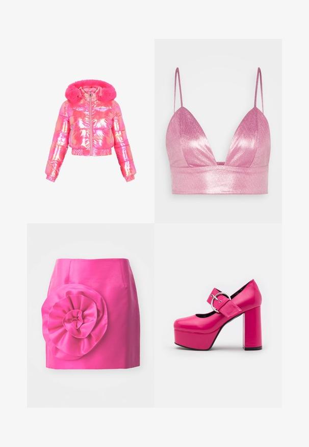 Sädelev, lühendatud trommikutagi gradientroosas, millel on kunstkarvaga kapuuts, eesmine tõmblukk ja küljetaskud. Sile, punnitav tekstuur.; Gina Tricot BRALETTE - Topp - pink; Roosa satiinseelik, millel on istuv disain ja suur, krobelise tekstuuriga lille aksent vasakul küljel. Sile pind, millel on läikiv viimistlus.; LAMODA FORGET ME PLATFORM - Kõrge kontsaga kingad - fuchsia