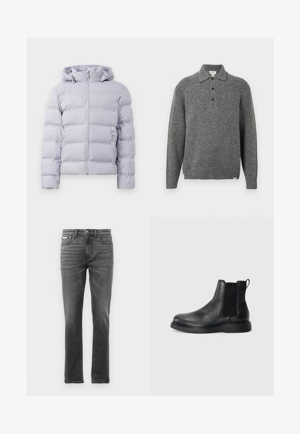 Doudoune gris clair avec capuche, quilting vertical, fermeture éclair à l'avant et poches latérales. Texture lisse et design minimaliste.; Pull-over gris en maille avec col polo, patte de boutonnage à cinq boutons, manches longues et poignets côtelés ; présente un tissu texturé avec de subtils flocons.; Jean en denim gris foncé avec une coupe droite, design à cinq poches, motifs de dégradé subtils et accents en métal au niveau de la taille.; Bottes Chelsea en cuir noir avec une finition texturée, des panneaux latéraux élastiques et une semelle en caoutchouc robuste. Branding subtil sur le talon.