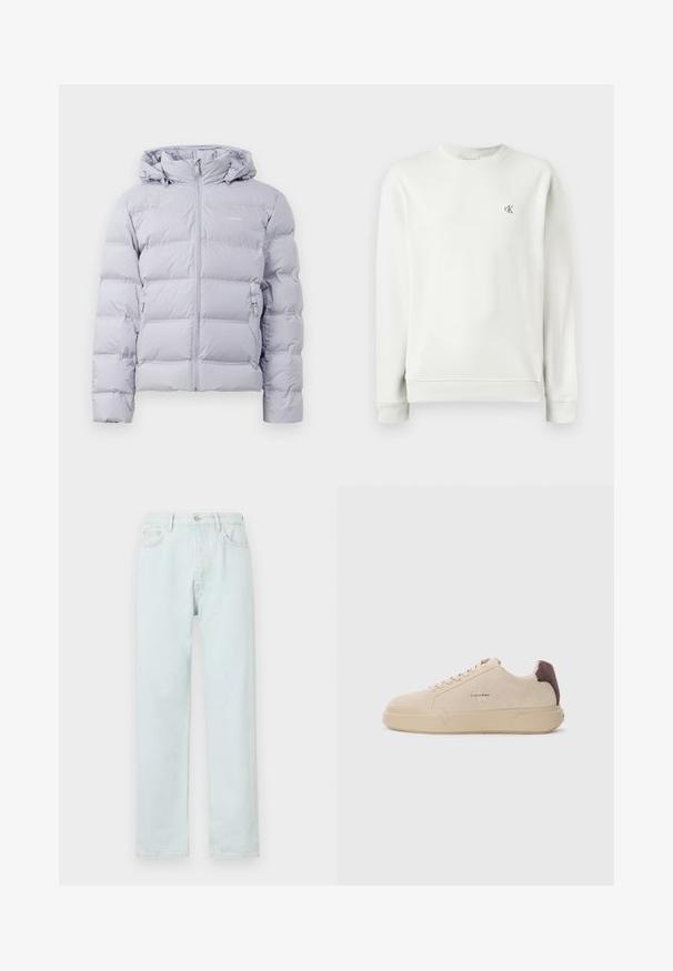 Lys grå pufferjakke med hætte, lodret quiltning, frontlynlås og sidelommer. Glat tekstur og minimalistisk design.; Lys grå crew neck sweatshirt lavet af glat stof, med ribbekanter ved ærmerne og nederdelen, samt et lille broderet logo på brystet.; Lyseblå lige bukser lavet af denim, med knaplukning, diskret slid, og fem-lomme design.; Beige ruskind sneakers med rund tå, snørret foran og en brun ruskindsdetalje på hælen. Har en tekstureret gummisål.