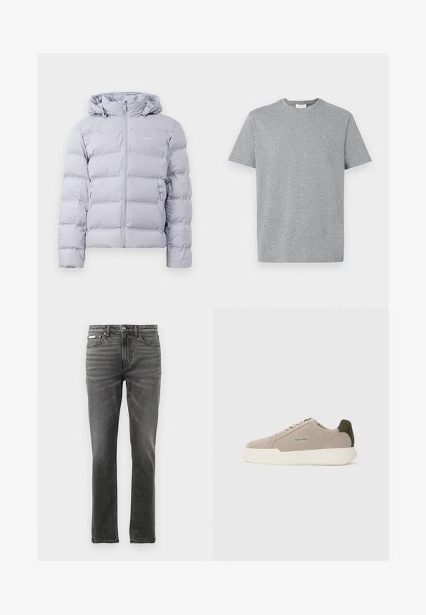 Lys grå pufferjakke med hætte, lodret quiltning, frontlynlås og sidelommer. Glat tekstur og minimalistisk design.; Grå bomulds T-shirt med rund halsudskæring, korte ærmer og et lille logo på venstre bryst. Enkel, klassisk design og tekstur.; Mørkegrå denimbukser med lige ben, fem-lomme design, subtile falmende mønstre og metalbeslag ved taljen.; Beige ruskinds sneakers med en hvid gummisål, der har en mørkegrøn hælaccent og subtil branding på siden.