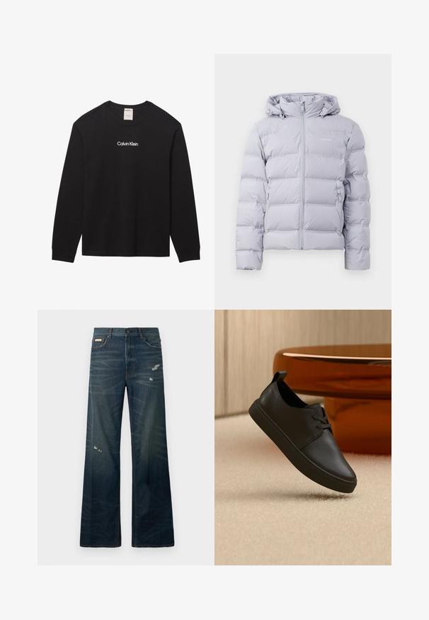 Lys grå pufferjakke med hætte, lodret quiltning, frontlynlås og sidelommer. Glat tekstur og minimalistisk design.; Sort langærmet t-shirt med rund hals og teksten "Calvin Klein" trykt i hvid på midten foran.; Bredde ben, mørk denimjeans med lys falmning og slidte områder. Har knaplukning og klassisk fem-lomme-design.; Sort lædersneaker til hverdag med snørebånd, svævende over beige tæppe med et rundt bord af ravfarvet glas i baggrunden.