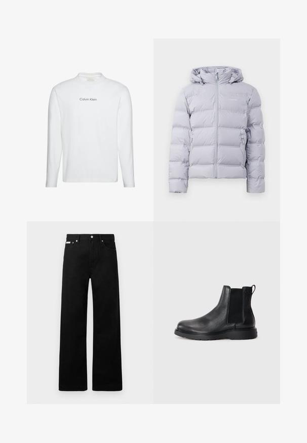 Chaqueta de plumas gris claro con capucha, acolchado vertical, cremallera frontal y bolsillos laterales. Textura suave y diseño minimalista.; Camiseta blanca de manga larga con cuello redondo con "Calvin Klein" impreso en negro centrado en el pecho.; Pantalones de mezclilla negros con un diseño de pierna ancha, que cuentan con cinco bolsillos y herrajes de botón metálico. Textura suave, sin patrones visibles.; Botas Chelsea de cuero negro con acabado texturizado, paneles laterales elásticos y una suela de goma resistente. Marca sutil en el talón.