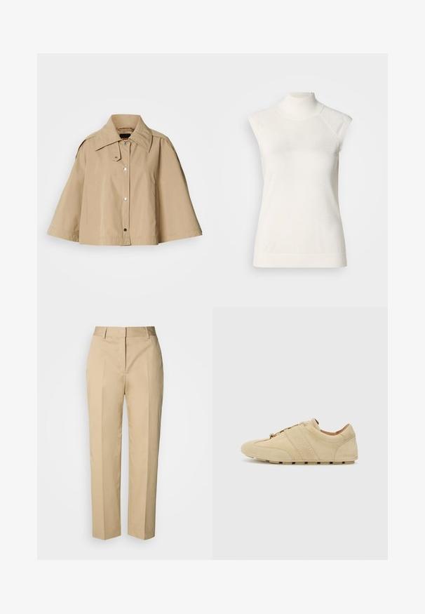Beige cropped jack met een grote kraag, drukknoopsluiting en brede mouwen. Gemaakt van glad materiaal met twee zijzakken.; Mouwloze witte coltrui gemaakt van zacht materiaal; heeft een aansluitend ontwerp met een hoge hals en een subtiele geribbelde textuur aan de zoom.; Beige rechte broek met riemlussen, voorplooi en verborgen sluiting, afgebeeld tegen een lichte achtergrond.; Tan suède sneaker met een minimalistisch ontwerp, ronde neus en rubberen zool. Heeft twee verticale strepen en een vetersluiting. Soepele textuur.
