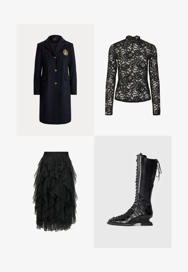 Long manteau bleu marine avec boutons dorés, col cranté, poches avant à rabat et un emblème doré en forme de blason sur la poitrine gauche.; Haut en dentelle noire à manches longues avec col haut agrémenté d'une bordure à volants, motifs floraux et texture transparente. Conçu pour un ajustement près du corps.; Jupe noire en tulle superposé avec un design à volants. Elle dispose d'une taille élastique. Le tissu transparent ajoute de la texture et du mouvement.; Botte noire jusqu'au genou avec un laçage sur le devant, fabriquée en cuir lisse et texturé, dotée d'un talon sculpté et d'un design de panneaux géométriques.