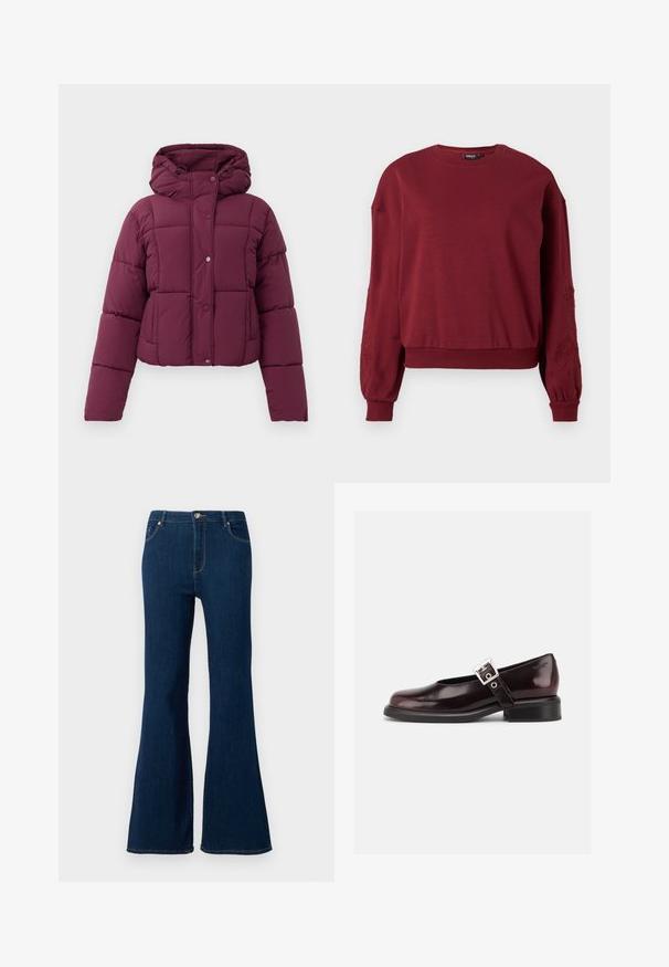Lilla quiltet pufferjakke med hætte, trykknaplukning og lange ærmer, præsenteret på en hvid baggrund.; Bordeaux langærmet sweatshirt med rund hals, ribbede manchetter og kant, med diskret blomsterbroderi på ærmerne.; Mørkeblå jeans med udvidet ben, lavet af denim. Funktioner inkluderer frontlukning med knap, femlommeredesign og syede detaljer på lommerne.; En enkelt blank mørk burgunder Mary Jane sko med bred rem og sølvspænde, lav blokhæle og rundet tå på hvid baggrund.