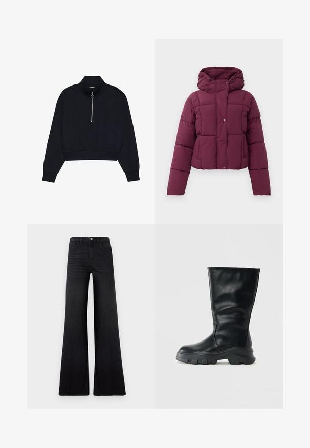 Lilla quiltet pufferjakke med hætte, trykknaplukning og lange ærmer, præsenteret på en hvid baggrund.; Sort cropped pullover lavet af blødt stof, med en høj krave, en frontlynlås med en sølvfarvet træk, og ribbede manchetter og kant.; Sorte jeans med brede ben lavet af denim, med høj talje, forlommer og en glat, tekstureret finish med minimal falming.; Midlertidig læderstøvle i sort, der går til midten af læggen, med en tyk skridsikker sål og rund tå, vist fra siden på en neutral lys baggrund.