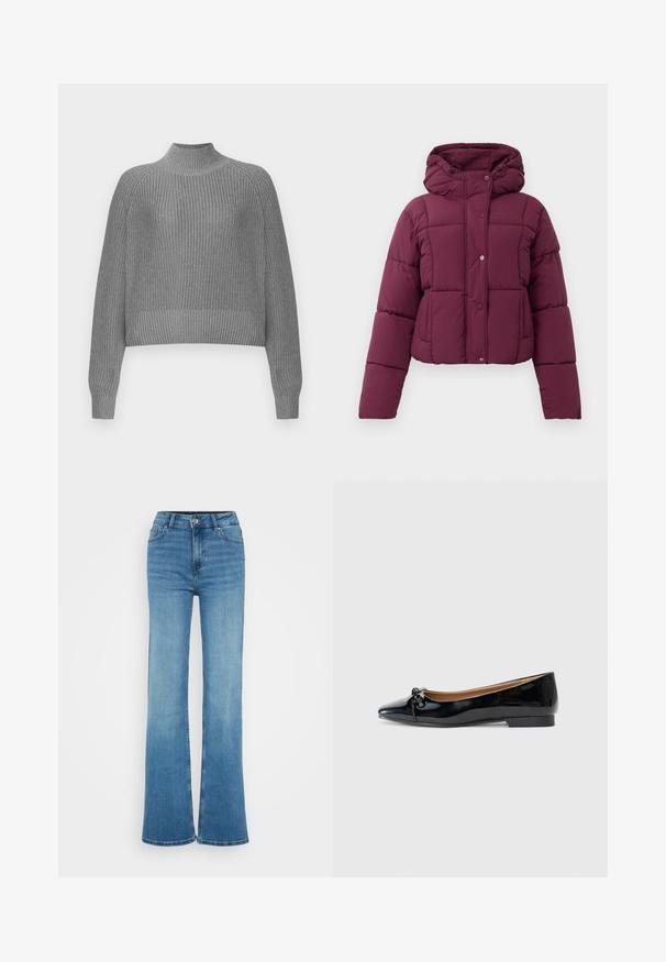Chaqueta de plumas acolchada morada con capucha, cierre de botones a presión y mangas largas, exhibida sobre un fondo blanco.; Suéter gris de canalé con un cuello alto, hombros caídos y mangas largas. Presenta un tejido texturizado y un dobladillo corto.; Jeans de mezclilla azul de tiro alto y pernera acampanada con una textura suave, costuras en los bolsillos frontales y dobladillos sin terminar en las aberturas de las piernas anchas.; Bailarinas de charol negras con punta afilada, detalle de un pequeño lazo en la parte delantera y un tacón cuadrado bajo. Textura suave y brillante.
