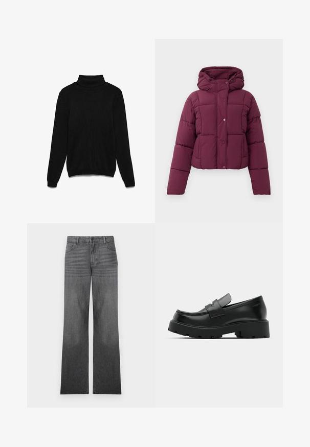 Veste matelassée violette avec capuche, fermeture à bouton-pression et manches longues, présentée sur un fond blanc.; Pull à col roulé noir en tissu tricoté. Comprend des manches longues, un col côtelé et une coupe décontractée. Aucune texture ou accent visible.; Jean en denim gris à jambes larges avec un lavage moyen, présentant un design à cinq poches, une fermeture à bouton sur le devant et des détails de couture subtils.; Mocassins en cuir noir avec une semelle épaisse et texturée, dotés d'une sangle sur le vamp et d'une finition lisse et polie.