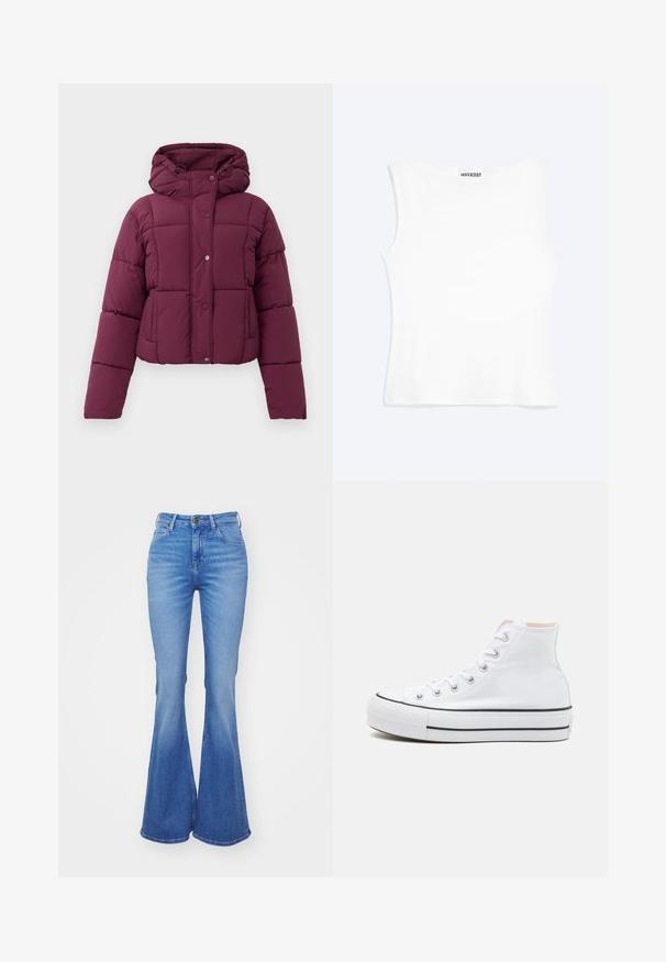 Veste matelassée violette avec capuche, fermeture à bouton-pression et manches longues, présentée sur un fond blanc.; Débardeur blanc ajusté sans manches avec un col rond et un design minimaliste, étiqueté "WEEKDAY" à l'intérieur du col.; Jean claires à pattes d'éléphant en denim, présentant une taille haute, cinq poches et un léger dégradé vers l'ourlet. Fermeture par un bouton en métal argenté.; Baskets montantes blanches en toile, semelle en caoutchouc noir et bande noire contrastante sur la semelle intermédiaire. Bout rond et design à lacets.