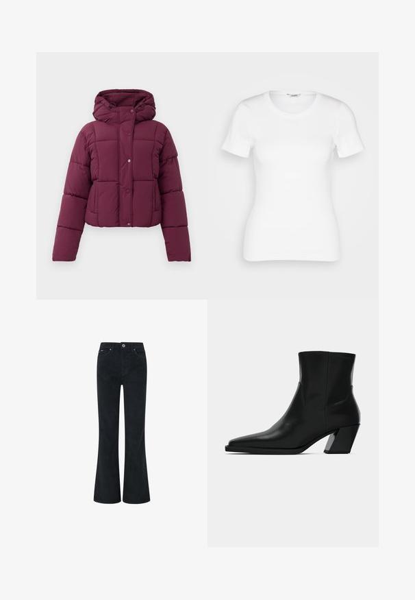 Lila gesteppte Daunenjacke mit Kapuze, Druckknopfverschluss und langen Ärmeln, vor einem weißen Hintergrund präsentiert.; Weißes Baumwoll-T-Shirt mit kurzen Ärmeln, rundem Ausschnitt und gerippter Textur. Schmal geschnittenes Design mit einer glatten, sauberen Verarbeitung.; Schwarze Corduroy-Bootcut-Hosen mit Knopf- und Reißverschluss, ausgestattet mit zwei vorderen Taschen und einer glatten Textur. Gerade Beinoptik.; Schwarze Leder-Stiefelette mit spitzem Zeh, schlanker Silhouette und klobigem quadratischem Absatz. Glatte Textur mit minimalen Nähdetails.