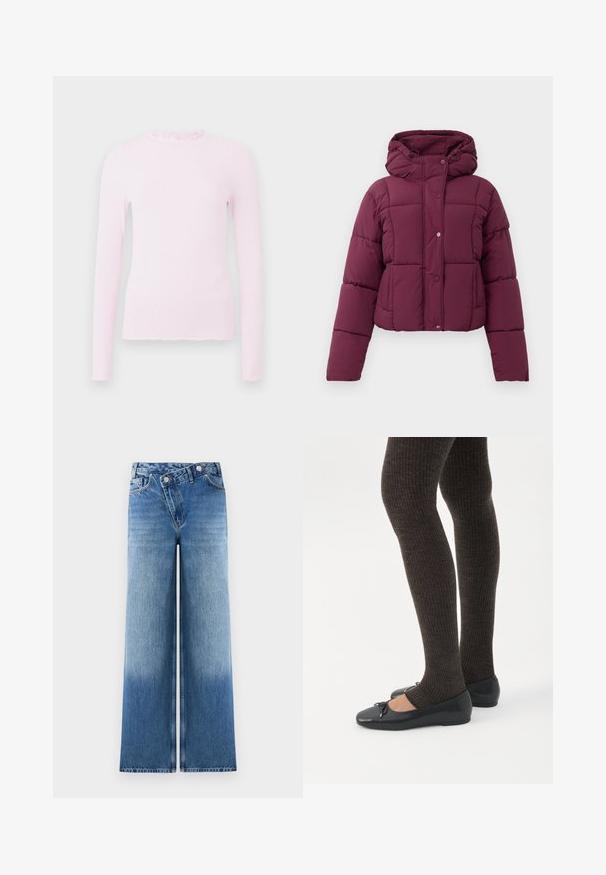 Chaqueta de plumas acolchada morada con capucha, cierre de botones a presión y mangas largas, exhibida sobre un fondo blanco.; Top de manga larga rosa en textura acanalada, con un cuello con volantes y un diseño ajustado con un detalle de dobladillo deshilachado.; Jeans de pierna ancha en azul claro con un lavado deslavado, que cuentan con un diseño clásico de cinco bolsillos y detalles de botones metálicos en la cintura.; Piernas con leggings oscuros acanalados combinados con bailarinas negras que presentan pequeños detalles de lazo sobre un fondo blanco.