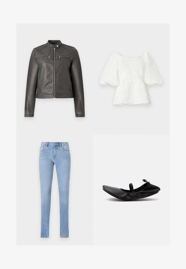 Chaqueta de imitación de cuero negra con un cuello alto, dos bolsillos en el pecho con cremallera y una silueta ajustada. Textura suave y diseño minimalista.; Blusa blanca texturizada con escote cuadrado y mangas abullonadas. Presenta una cintura tipo peplum que exhibe un patrón floral en toda la prenda.; Jeans de mezclilla azul claro con un corte ajustado, que cuentan con cinco bolsillos, detalles de costura sutiles y una cinturilla estándar con un cierre de botón único.; Zapatilla ballet plana de cuero negro plegado con una sola tira y hebilla plateada sobre un fondo claro y liso.