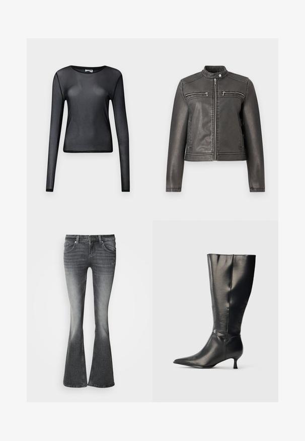 Sort faux læderjakke med høj krave, to lynlåslommer på brystet og en tætsiddende silhuet. Glat tekstur og minimalistisk design.; Sort, langærmet, gennemsigtig mesh-top med rund hals og tætsiddende silhuet vist på ensfarvet baggrund.; Mørkegrå, falmede cowboybukser med let slid, fem-lomme-stil og udvidede ben.; Sort knæhøj læderstøvle med spids tå og lav kittenhæl, vist på en enkel lys baggrund.