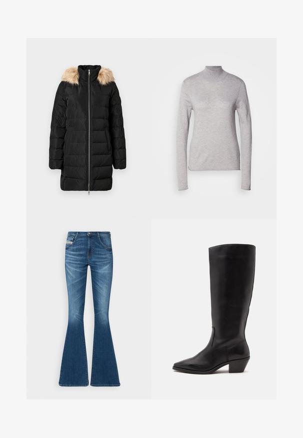Sort quiltet lang vinterfrakke med frontlynlås og beige falsk pels Kant på den høje krave, sidelommer og lange ærmer.; Lys grå turtleneck top med lange ærmer, lavet af et blødt strikmateriale. Har et tætsiddende design og ribbet hals. Glat tekstur.; Flared jeans i mellemblå denim med høj talje, fem-lomme design og subtile whiskering-detaljer ved lårene.; Sort læderstøvle til midtkalv med spids tå og lavt skråt hæl på en enkel lys baggrund.