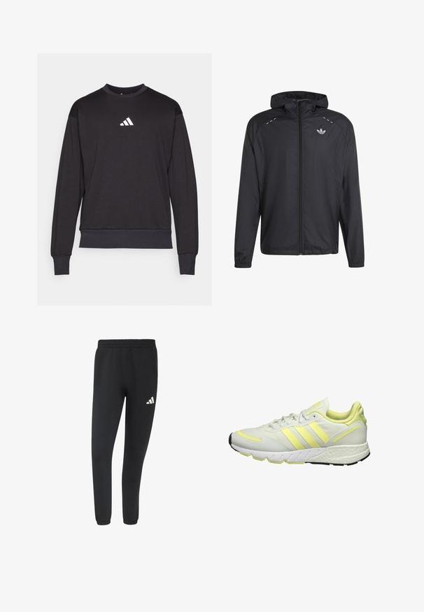 Sort letvægts hættejakke med fuld lynlås foran, elastiske manchetter og lille hvid Adidas-logo på venstre bryst.; Sort sweatshirt med lange ærmer, ribbede manchetter og kant; har et hvidt Adidas-logo på brystet, fremstillet af blødt, tekstureret stof.; Sorte atletik joggingbukser med elastisk talje og manchetter, med en lille hvid Adidas-logo på højre lår.; Hvide atletiske sko med gule accenter, der har en glat overdel, struktureret sål og tre striber på siden til branding.