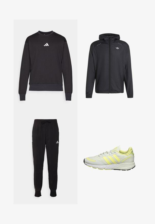 Sort letvægts hættejakke med fuld lynlås foran, elastiske manchetter og lille hvid Adidas-logo på venstre bryst.; Sort sweatshirt med lange ærmer, ribbede manchetter og kant; har et hvidt Adidas-logo på brystet, fremstillet af blødt, tekstureret stof.; Sorte atletiske bukser lavet af blødt stof, med snoretræk i taljen og hvide sidelister. Elastiske manchetter ved anklerne.; Hvide atletiske sko med gule accenter, der har en glat overdel, struktureret sål og tre striber på siden til branding.