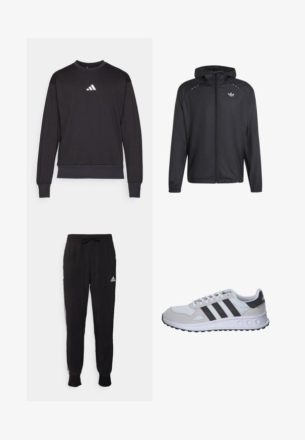 Čierna ľahká bunda s kapucňou, celý predný zips, elastické manžety a malé biele logo Adidas na ľavej strane hrudníka.; Čierna mikina s dlhými rukávmi, rebrovanými manžetami a lemom; na hrudi sa nachádza biele logo Adidas, vyrobená z mäkkej, textúrovanej tkaniny.; Čierne športové nohavice z mäkkej tkaniny, s pásom na šnúrku a bielymi bočnými pruhmi. Elastické manžety pri členkoch.; Sivé a biele športové tenisky s priedušným vrchom, zamšovými akcentmi, tromi čiernymi pásmi a textúrovanou gumovou podrážkou s kruhovými výrezmi.