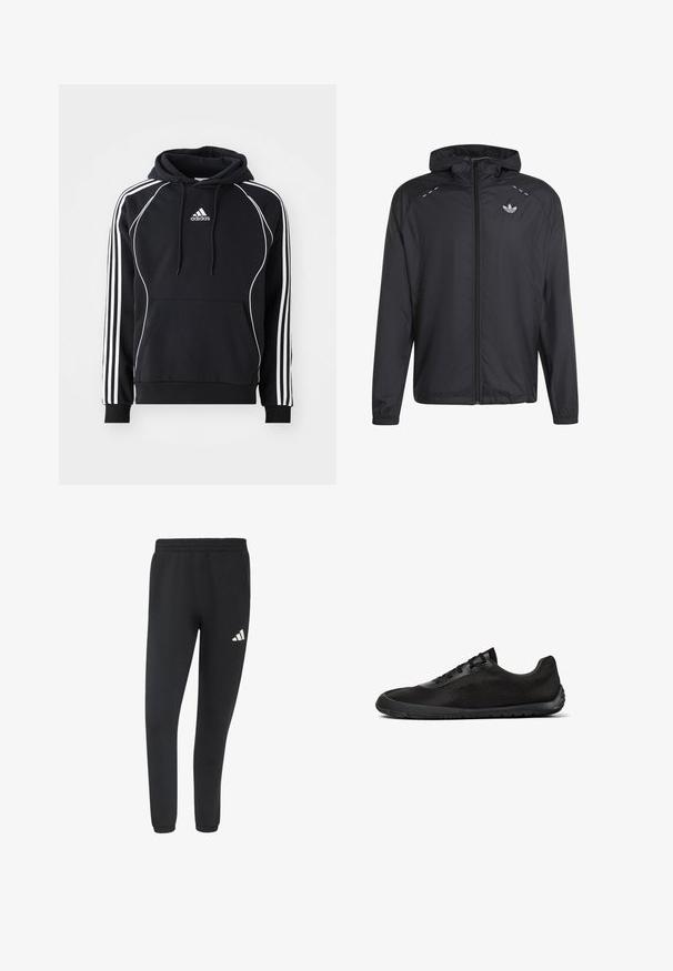 Zwarte lichtgewicht jas met capuchon, volledige rits aan de voorkant, elastische manchetten en klein wit Adidas-logo op de linkerborst.; Zwarte Adidas hoodie met witte strepen op de mouwen, witte piping aan de voorkant, een voorvak en een capuchon met trektouw.; Zwarte atletische joggerbroek met elastische tailleband en boorden, met een klein wit Adidas-logo op de rechterdij.; Zwarte lage sneaker met mesh bovenwerk, vetersluiting en flexibele rubberen zool, zijaanzicht op witte achtergrond.