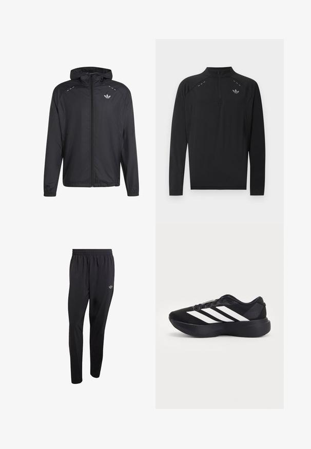 Veste légère noire à capuche avec fermeture éclair complète sur le devant, poignets élastiques et petit logo Adidas blanc sur la poitrine gauche.; Haut de sport noir à manches longues avec zip quart, col haut, logo adidas réfléchissant sur la poitrine et petits détails de couture réfléchissants aux épaules.; Pantalon de sport noir en tissu léger, doté d'une taille élastique et d'un petit logo embossé en haut de la jambe gauche.; Chaussure de running noire avec une semelle épaisse et trois bandes diagonales blanches sur le côté, vue de l'extérieur.