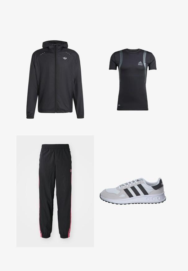 Čierna ľahká bunda s kapucňou, celý predný zips, elastické manžety a malé biele logo Adidas na ľavej strane hrudníka.; Čierne športové tričko s krátkym rukávom a šedými akcentmi, vyrobené z elastickej látky. Na ľavej hrudi sa nachádza logo Adidas a branding Techfit.; Čierne vetrovky s ružovými bočnými pruhmi, elastickým pásom a manžetami. Na ľavom stehne je diskrétne logo. Hladká textura.; Sivé a biele športové tenisky s priedušným vrchom, zamšovými akcentmi, tromi čiernymi pásmi a textúrovanou gumovou podrážkou s kruhovými výrezmi.
