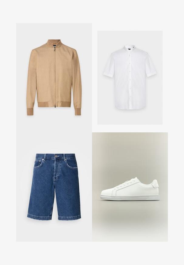 Beige Bomberjacke mit Frontreißverschluss, geripptem Kragen, Bündchen und Saum, dargestellt vor einem schlichten weißen Hintergrund.; Weißes kurzärmliges Hemd mit Stehkragen, Knöpfen vorne und dezentem Logo auf der linken Brust.; Jeansshorts in Dunkelblau, mit geradem Schnitt, zwei vorderen Taschen und einer klassischen Knopfleiste. Genähter Saum mit leichter Ausbleichung.; Weißer Sneaker mit niedrigem Schaft, Schnürung vorne und strukturierter Gummisohle vor einfachem neutralem Hintergrund.