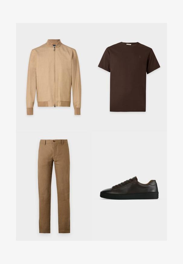 Veste bomber beige avec fermeture éclair à l'avant, col, poignets et ourlet côtelés, présentée sur un fond blanc uni.; T-shirt en coton marron à manches courtes avec col rond et logo brodé discret sur la poitrine gauche, présenté sur un fond blanc uni.; Pantalon marron à jambes droites avec passants de ceinture et fermeture boutonnée et zippée à l'avant sur fond uni.; Baskets basses en cuir marron foncé avec semelle en caoutchouc noire, lacets à l'avant et design minimaliste épuré sur fond clair.