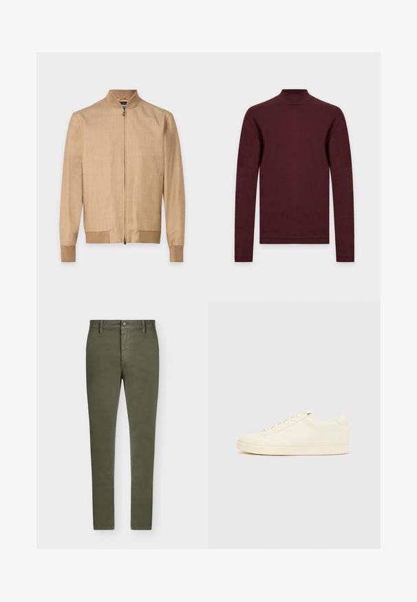 Veste bomber beige avec fermeture éclair à l'avant, col, poignets et ourlet côtelés, présentée sur un fond blanc uni.; Pull col roulé bordeaux uni à manches longues avec une coupe slim, présenté sur un fond gris clair.; Pantalon slim fit vert olive avec passants de ceinture, bouton devant et fermeture éclair, présenté sur un fond clair uni.; Baskets couleur crème avec une tige en cuir lisse, bout arrondi, laçage à l'avant et semelle en caoutchouc texturée. Design minimaliste, sans logo.