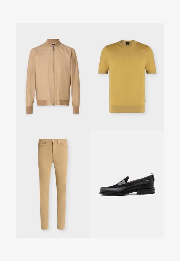 Veste bomber beige avec fermeture éclair à l'avant, col, poignets et ourlet côtelés, présentée sur un fond blanc uni.; Pull en maille jaune moutarde à manches courtes avec col, poignets et ourlet côtelés, présenté sur fond blanc.; Pantalon beige slim fit avec fermeture avant boutonnée et zip, design cinq poches et passants de ceinture sur fond blanc uni.; Mocassin en cuir noir avec détail de bride grise, talon bas et semelle texturée, marqué "HUGO" en or sur le côté.