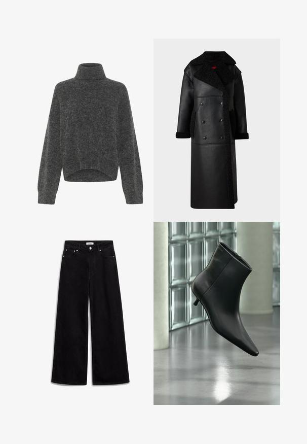 Sort læderfrakke med dobbeltradet design, lammeskindsdetaljer på kraven og lommerne, lang længde og tekstureret finish.; Mørkegrå, fuzzy turtleneck sweater med afslappet pasform og dropped shoulders. Blød tekstur og cropped kantdetalje. Ingen synlige lukninger.; Sorte vidde jeans lavet af denim, med høj talje, fem lommer og sølv hardware detaljer. Glat tekstur, enkelt design.; Sort læderankelstøvle med spids tå og lav kitten-hæ, vist vinklet mod en poleret gulv- og glasblokvæg.