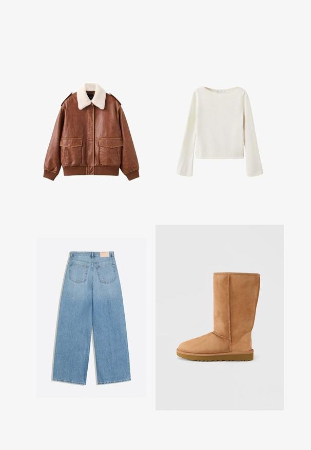 Veste aviateur en cuir marron avec un col en fausse fourrure blanche douce, deux poches avant, et des poignets et un ourlet côtelés. Texture lisse avec des coutures visibles.; Pull blanc cassé à manches longues avec un large col rond et des manches légèrement évasées, fabriqué en tissu en maille douce.; Jean denim bleu clair à jambes larges avec deux poches arrière et une petite étiquette de marque beige sur la ceinture.; Botte mi-mollet en daim marron clair avec semelle épaisse et coutures visibles, vue de côté extérieur sur un fond uni.