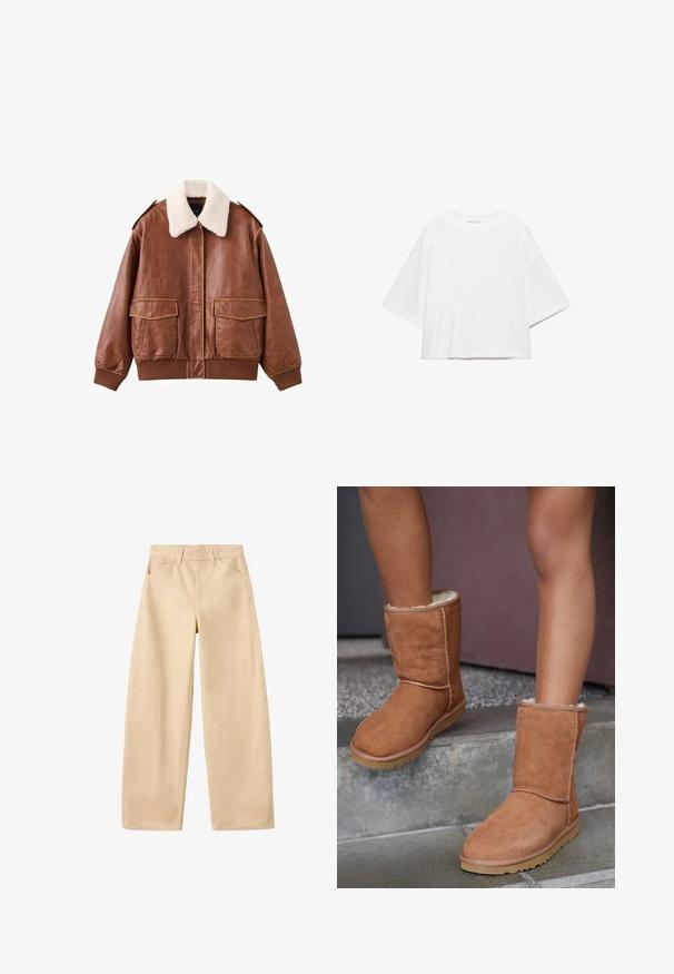 Veste aviateur en cuir marron avec un col en fausse fourrure blanche douce, deux poches avant, et des poignets et un ourlet côtelés. Texture lisse avec des coutures visibles.; T-shirt blanc à manches courtes, coupe carrée, en coton doux. Présente un col rond et des manches larges, avec un design épuré et simple.; Pantalon beige à jambes larges avec passants pour ceinture, poches avant, et un design épuré et simple, posé à plat sur un fond blanc.; Bottines en suede marron, à bout rond, avec une doublure douce et une semelle en caoutchouc, présentant des détails de couture visibles le long des coutures.